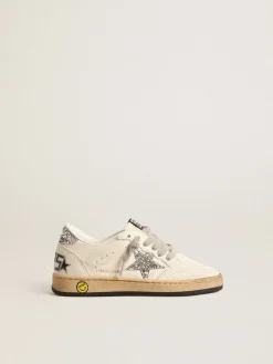 Cheap Golden Goose Ball Star Junior de napa com estrela e talão de glitter prateado Cabedal de napa branca
