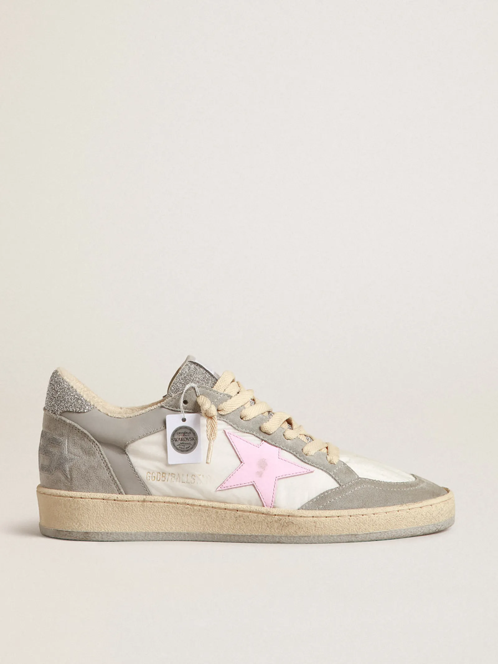 Flash Sale Golden Goose Ball Star LTD com inserções de cristais Swarovski e estrela rosa Cabedal de náilon branco e couro cinza