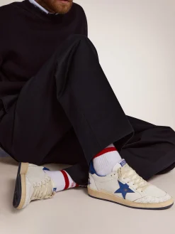 Discount Golden Goose Ball Star masculino de napa branca com estrela e talão azuis Cabedal de napa branca