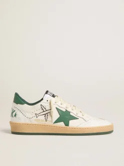Outlet Golden Goose Ball Star Wishes Feminino de napa branca com estrela e talão de couro verde Cabedal de napa branca