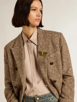 Cheap Golden Goose Blazer feminino de abotoamento duplo marrom com fecho com botões Coleção Journey