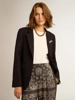Best Sale Golden Goose Blazer feminino de abotoamento simples de gabardine de lã azul-escuro Golden Collection