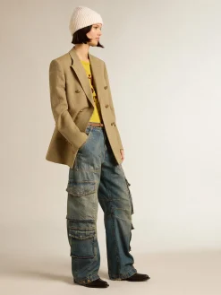 New Golden Goose Blazer feminino de abotoamento duplo de lã cor de faia clara Coleção Journey