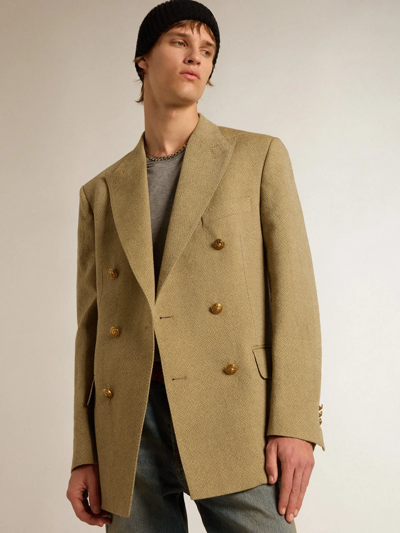 Sale Golden Goose Blazer masculino de abotoamento duplo de lã cor de faia clara Coleção Journey