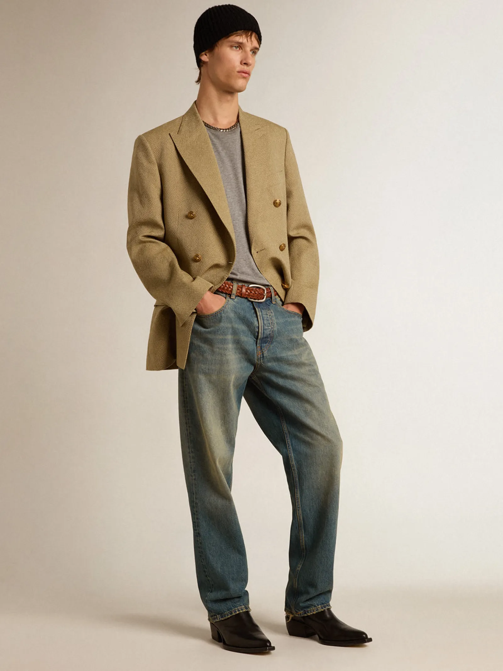 Sale Golden Goose Blazer masculino de abotoamento duplo de lã cor de faia clara Coleção Journey