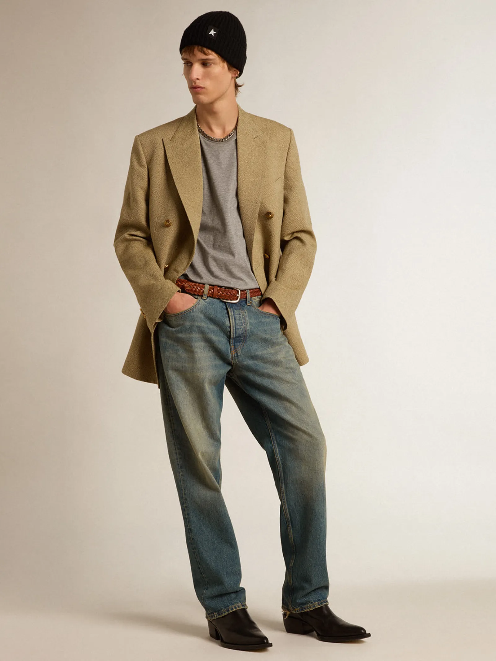 Sale Golden Goose Blazer masculino de abotoamento duplo de lã cor de faia clara Coleção Journey