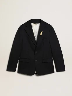 Outlet Golden Goose Blazer masculino de abotoamento simples de gabardine de lã azul-escuro Golden Collection