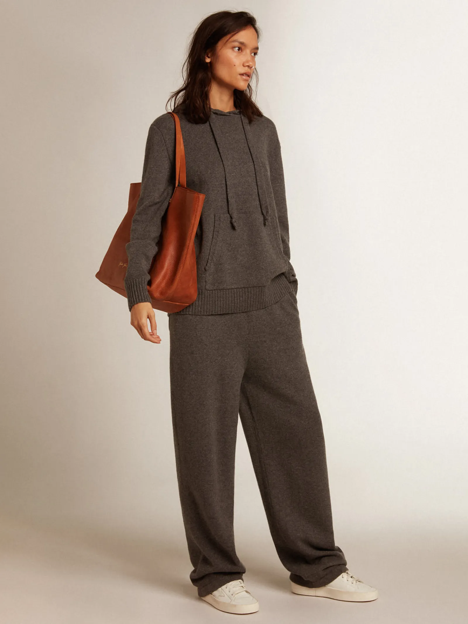 Cheap Golden Goose Blusa tipo moletom feminina cinza misto caxemira com capuz Golden Collection