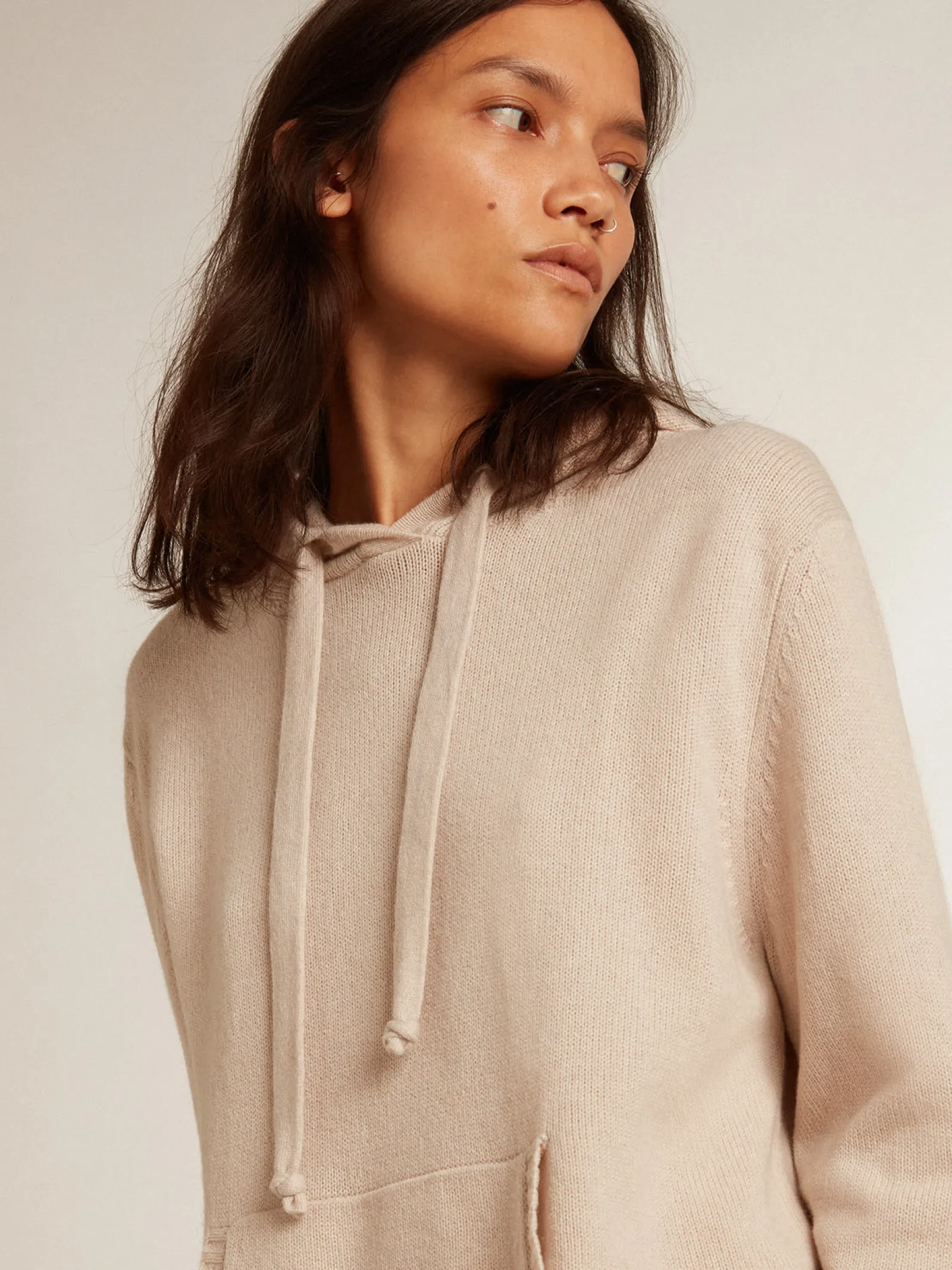 Fashion Golden Goose Blusa tipo moletom feminina branca misto caxemira com capuz Caxemira de baixo impacto