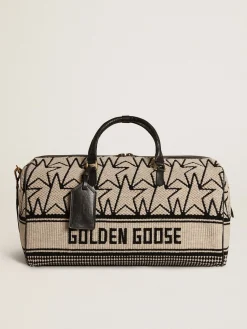 Sale Golden Goose Bolsa de viagem masculina de lã jacquard branco-leite e escrita preta Cor: branco leite