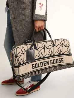 Sale Golden Goose Bolsa de viagem masculina de lã jacquard branco-leite e escrita preta Cor: branco leite