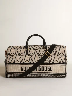 Sale Golden Goose Bolsa de viagem masculina de lã jacquard branco-leite e escrita preta Cor: branco leite