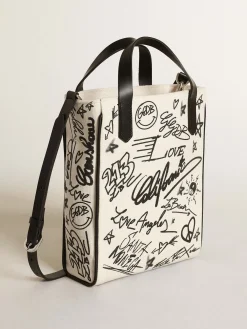 Hot Golden Goose Bolsa Mini California feminina de algodão branco com estampa preta Cor: branco