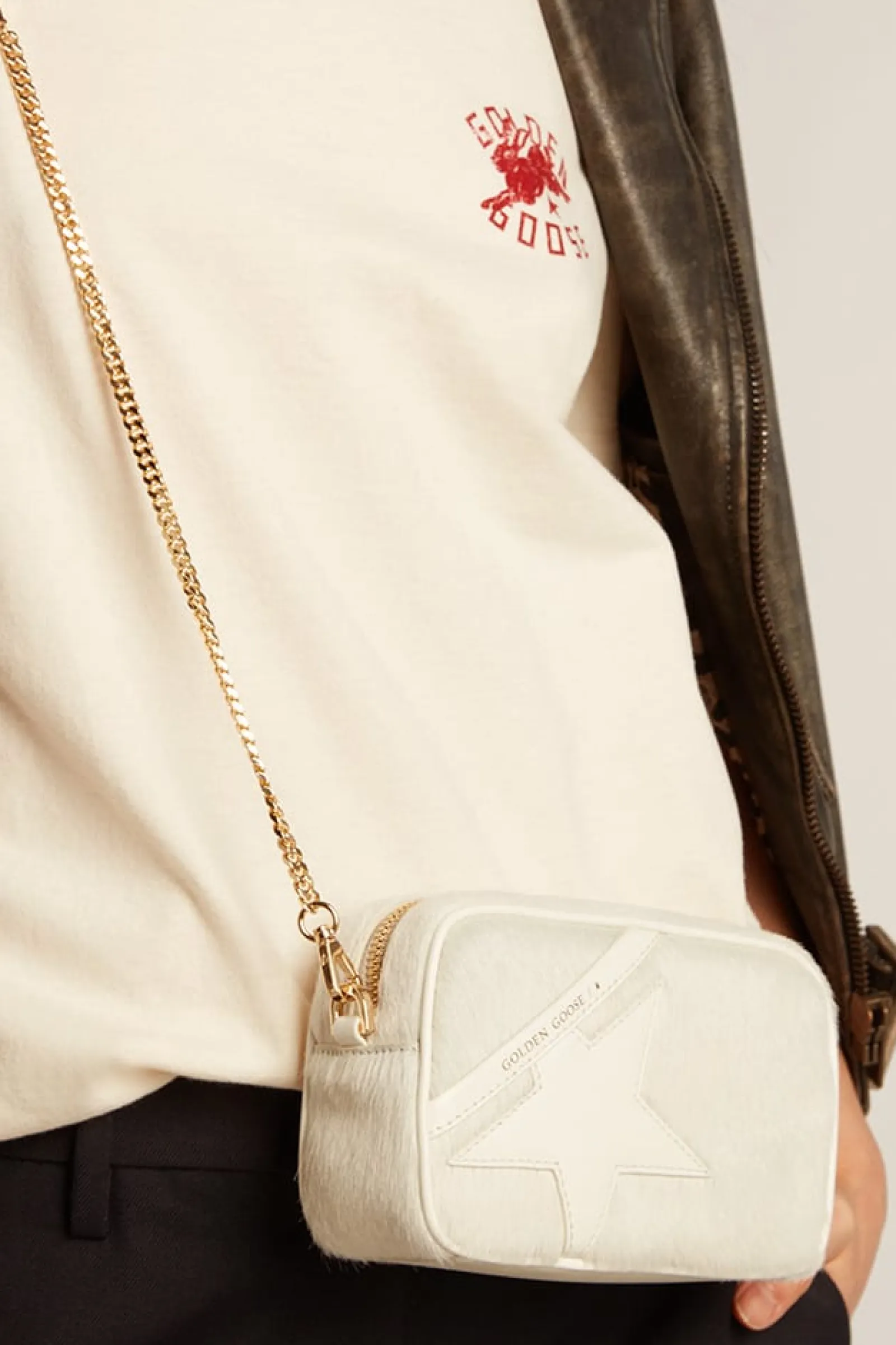 Best Sale Golden Goose Bolsa Mini Star Bag de couro branco heritage com estrela tom sobre tom Cor: branco heritage