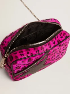 Best Sale Golden Goose Bolsa Mini Star de couro cavalinho com estampa de leopardo fúcsia e estrela de couro preta Cor: preto e fúcsia
