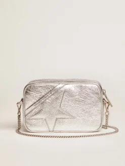 Fashion Golden Goose Bolsa Mini Star feminina de couro metálico prateado com estrela tom sobre tom Cor: prateada