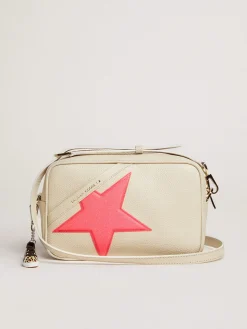 Flash Sale Golden Goose Bolsa Star branco leite de couro martelado, estrela fúcsia com glitter iridescente Couro martelado branco leite