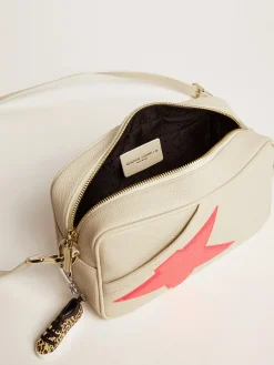 Flash Sale Golden Goose Bolsa Star branco leite de couro martelado, estrela fúcsia com glitter iridescente Couro martelado branco leite