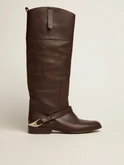 Online Golden Goose Bota Charlie feminina de couro marrom escuro e braçadeira no salto Cor: marrom escuro