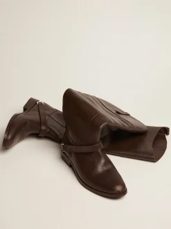 Online Golden Goose Bota Charlie feminina de couro marrom escuro e braçadeira no salto Cor: marrom escuro