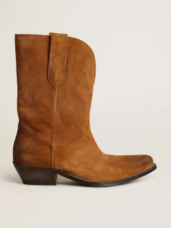 Cheap Golden Goose Bota de cano baixo feminina de suede cor tabaco com estrela embutida Cabedal de suede cor tabaco