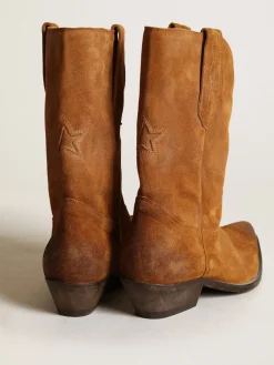Cheap Golden Goose Bota de cano baixo feminina de suede cor tabaco com estrela embutida Cabedal de suede cor tabaco