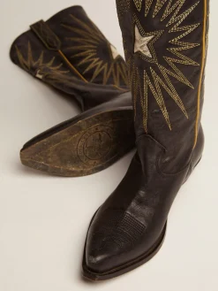 Discount Golden Goose Bota Feminina de couro preto com estrela platina recortada Cor: preto