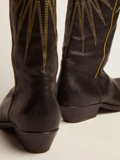 Discount Golden Goose Bota Feminina de couro preto com estrela platina recortada Cor: preto