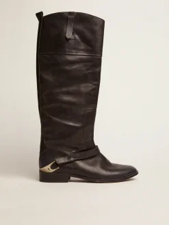 Clearance Golden Goose Bota feminina de couro preto com braçadeira no salto Cor: preto