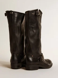 Flash Sale Golden Goose Botas Biker de cano alto de couro preto com tachas e fivelas prateadas Cor: preto