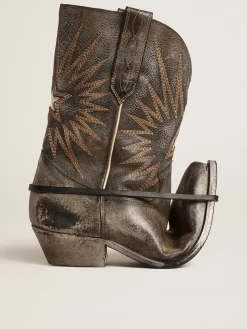 Outlet Golden Goose Botas Wish Star femininas cano baixo de couro preto com estrela prateada Cor: preto