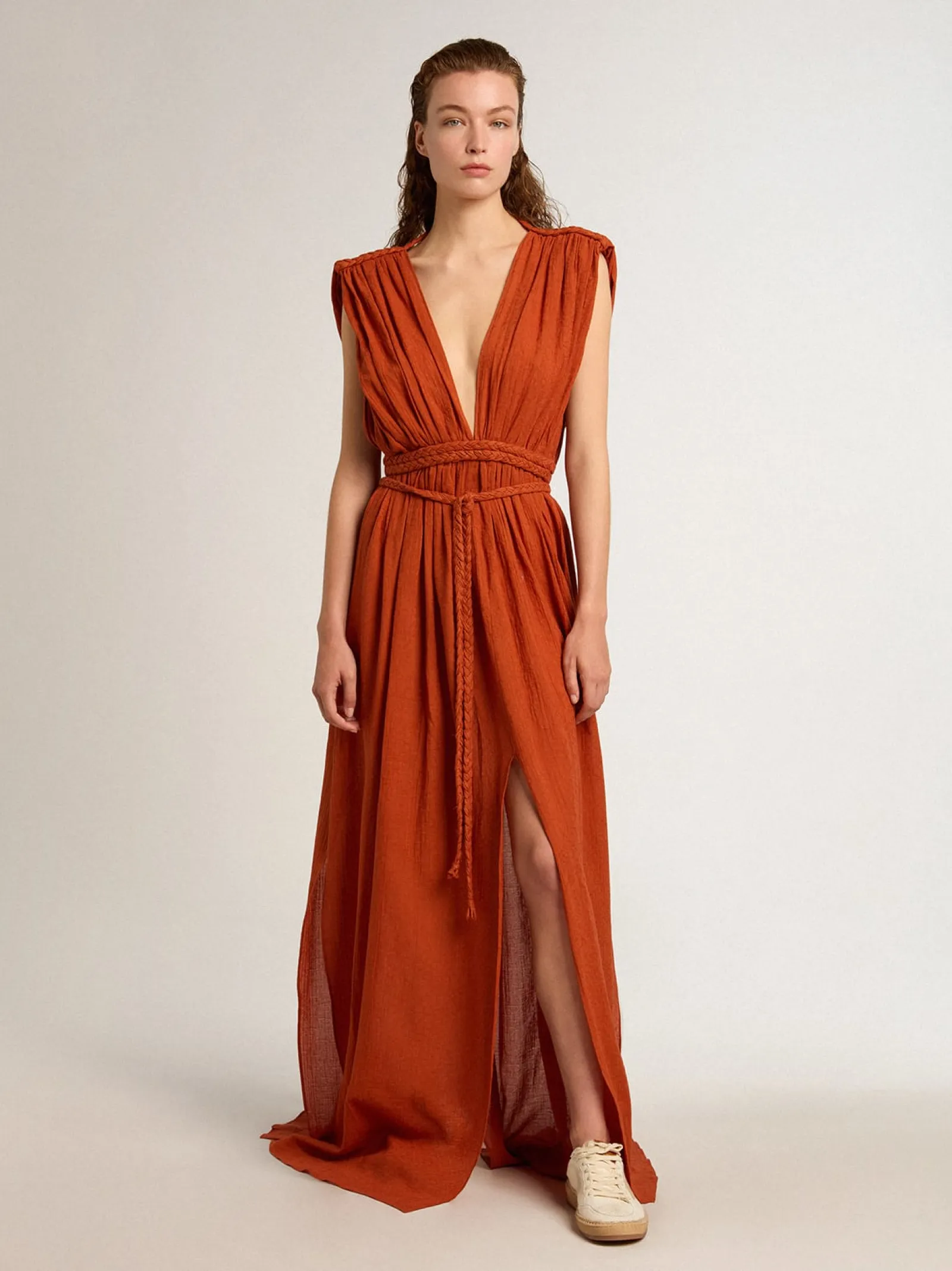 Hot Golden Goose Caftan de algodão jacquard vermelho coral Coleção Resort