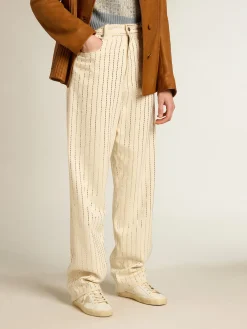 Online Golden Goose Calça branca com tachas tipo baguete aplicadas Coleção Journey