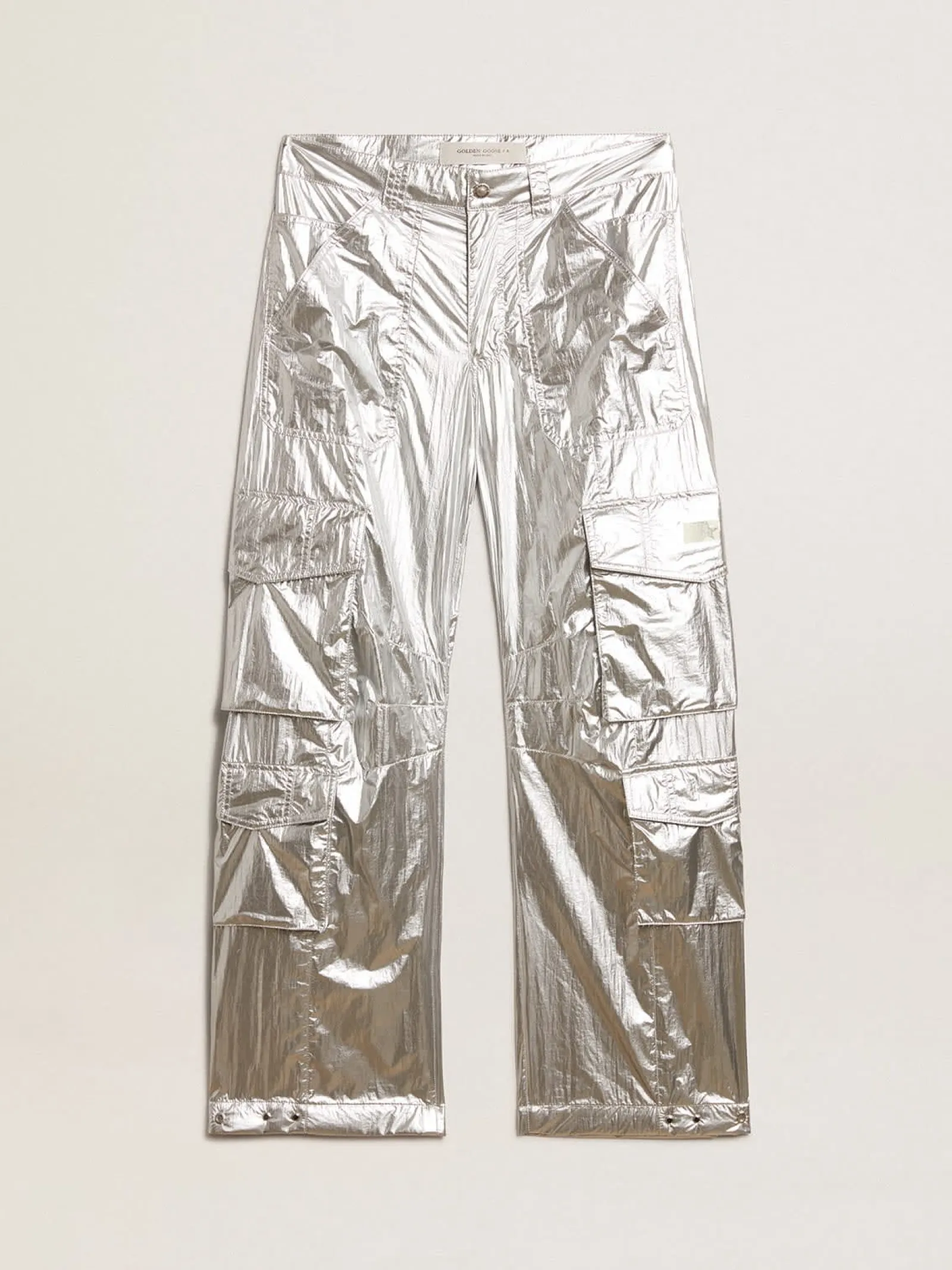 Store Golden Goose Calça cargo masculina de tecido técnico prateado Cor: prateado