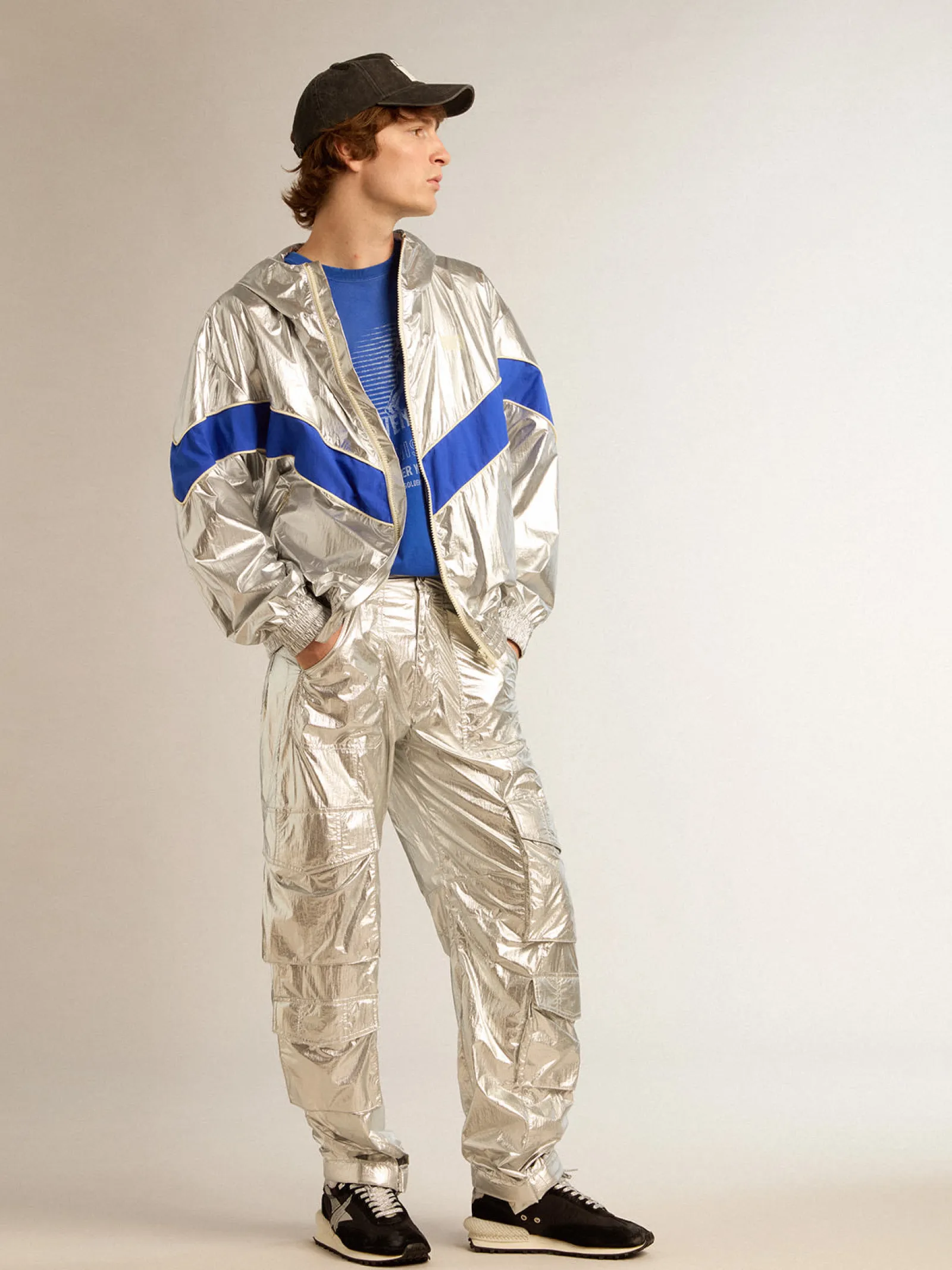 Store Golden Goose Calça cargo masculina de tecido técnico prateado Cor: prateado
