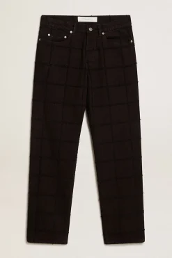 Fashion Golden Goose Calça de algodão preto com estampa xadrez efeito 3D Coleção Journey