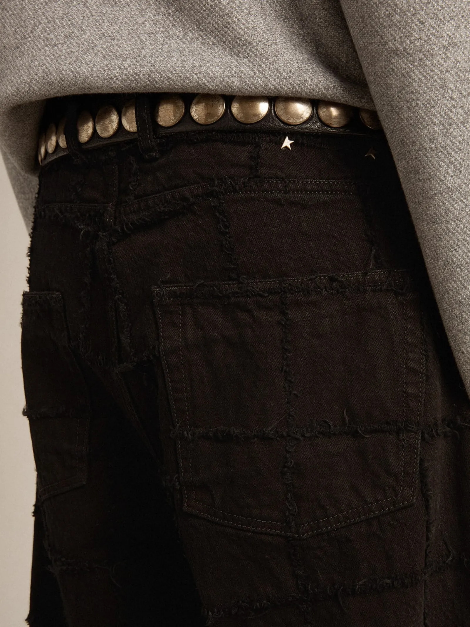Fashion Golden Goose Calça de algodão preto com estampa xadrez efeito 3D Coleção Journey