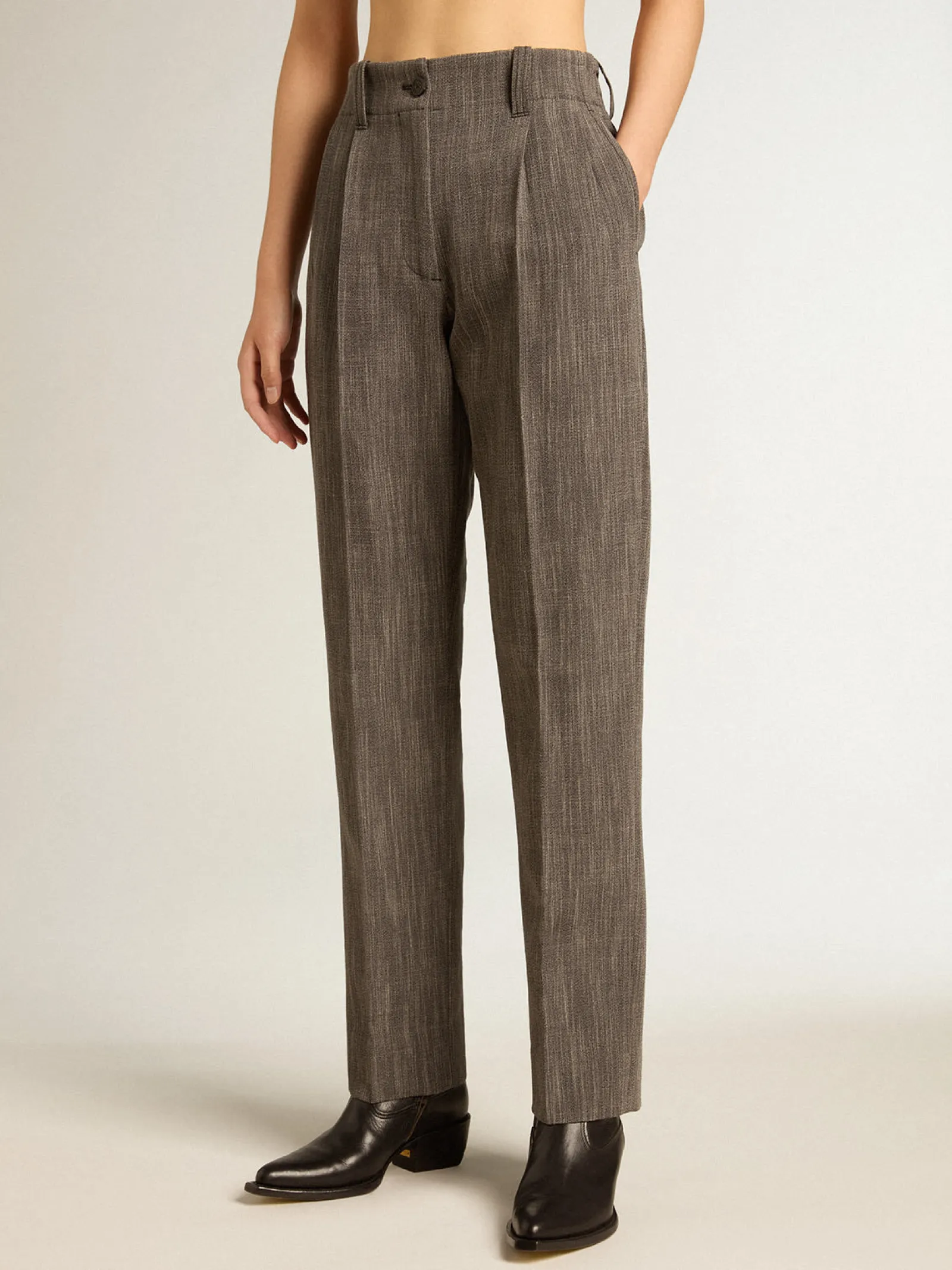 Sale Golden Goose Calça de cintura alta feminina em mistura de lã melange cinza Coleção Journey
