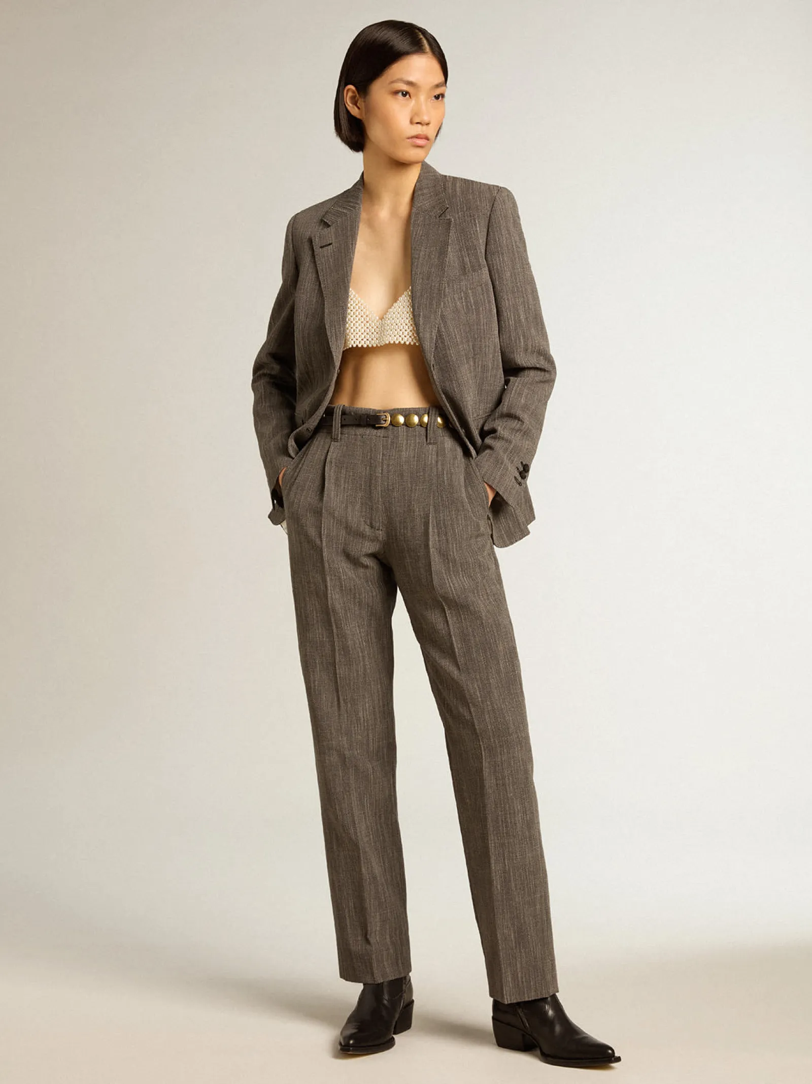 Sale Golden Goose Calça de cintura alta feminina em mistura de lã melange cinza Coleção Journey