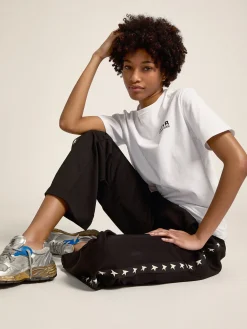 Discount Golden Goose Calça de jogging feminina preta com estrelas brancas nas laterais Star Collection