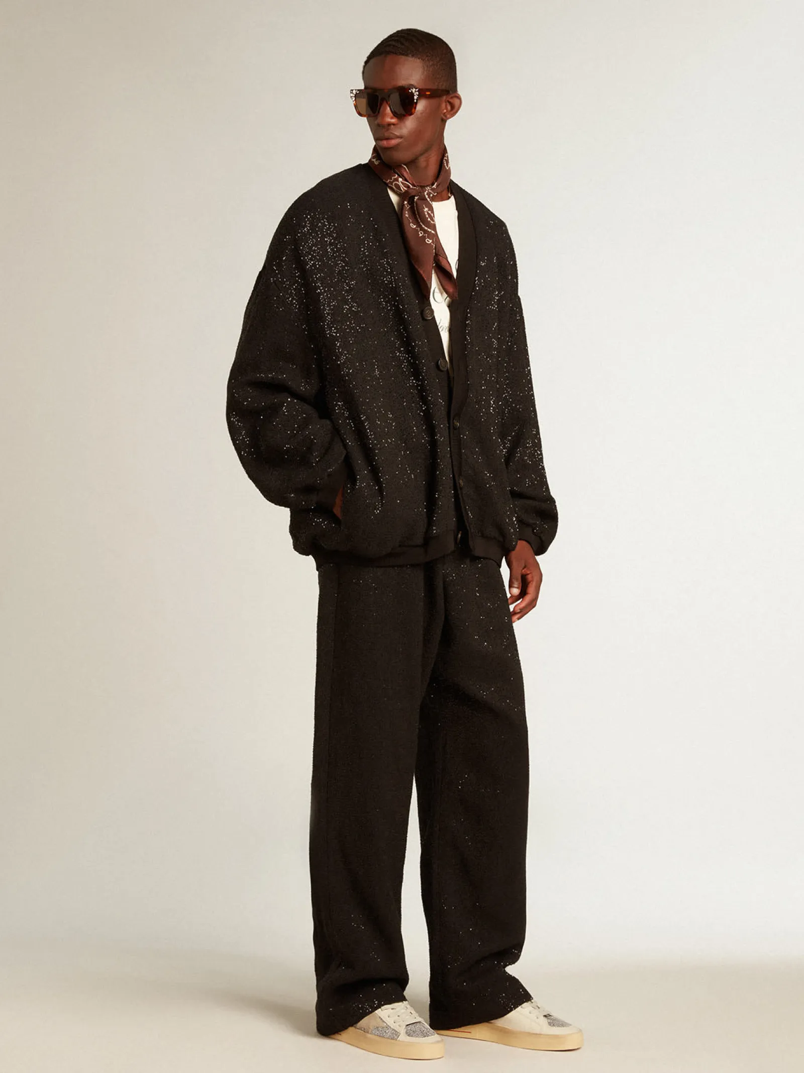 Cheap Golden Goose Calça de jogging masculina em misto linho preto com lantejoulas Coleção Journey
