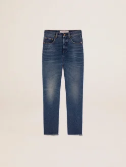 New Golden Goose Calça jeans cropped flare feminina com lavagem média Cor: azul