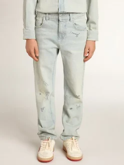 Fashion Golden Goose Calça jeans desbotada infantil masculina com tratamento desgastado Golden Collection