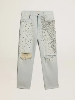 Online Golden Goose Calça jeans feminina desbotada com cristais cabochão Cor: azul desbotado