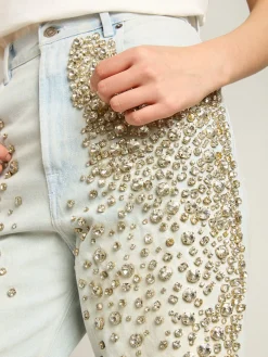 Online Golden Goose Calça jeans feminina desbotada com cristais cabochão Cor: azul desbotado