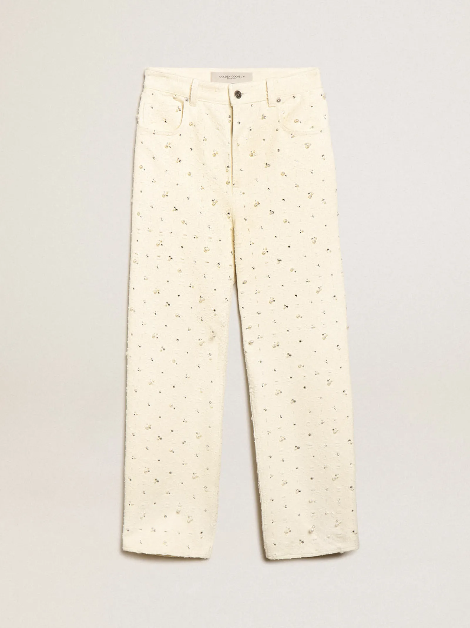 Clearance Golden Goose Calça jeans Kim Coleção Journey de algodão branco sujo com motivos de losangos e aplicação de pérolas e cristais Cor: branco sujo