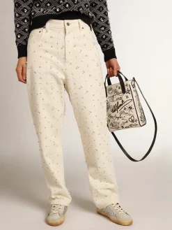 Clearance Golden Goose Calça jeans Kim Coleção Journey de algodão branco sujo com motivos de losangos e aplicação de pérolas e cristais Cor: branco sujo
