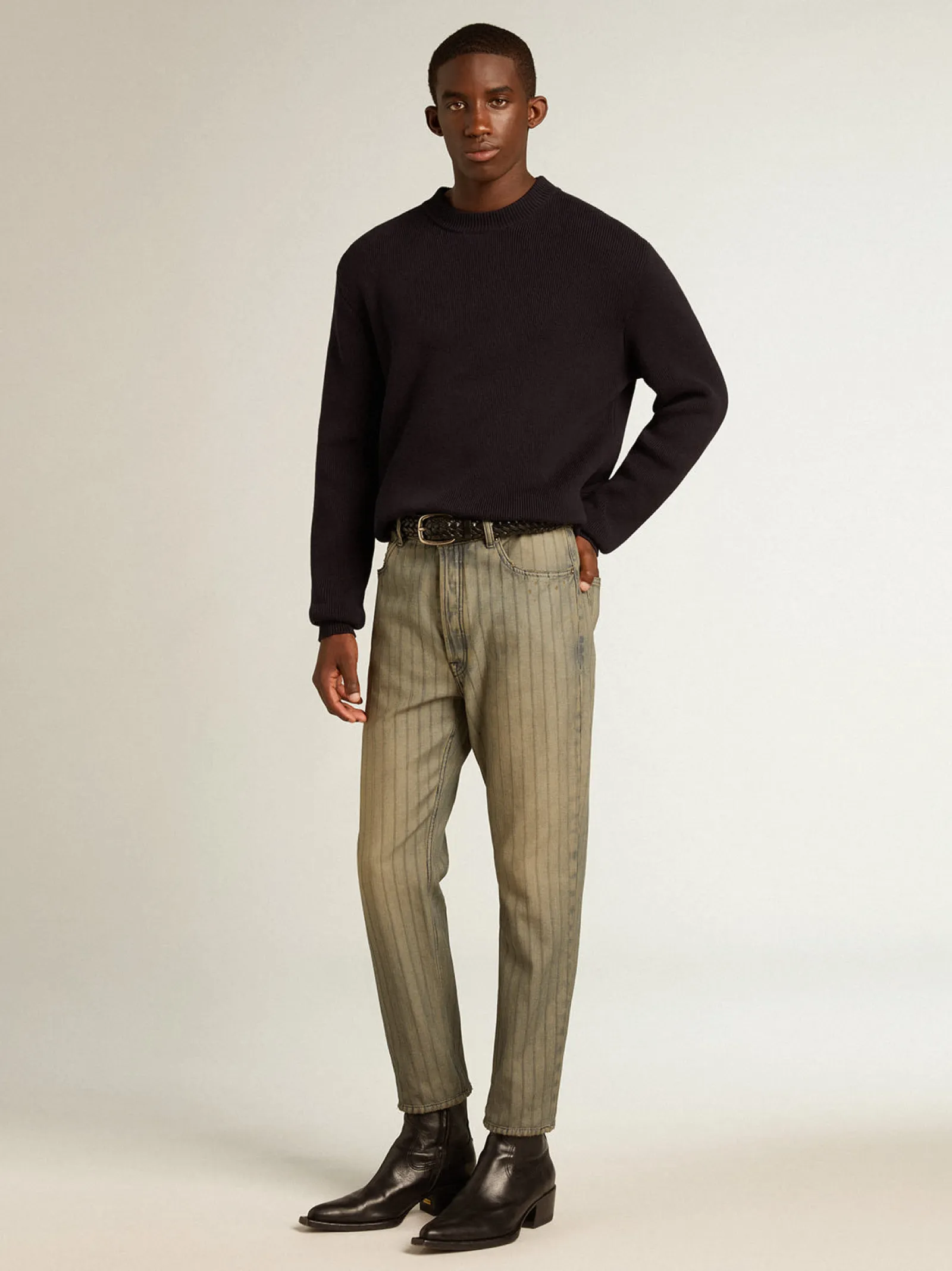 Outlet Golden Goose Calça jeans masculina listrada cinza Coleção Journey