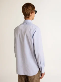 Best Sale Golden Goose Camisa azul bebê de algodão com bordado no bolso Coleção Journey