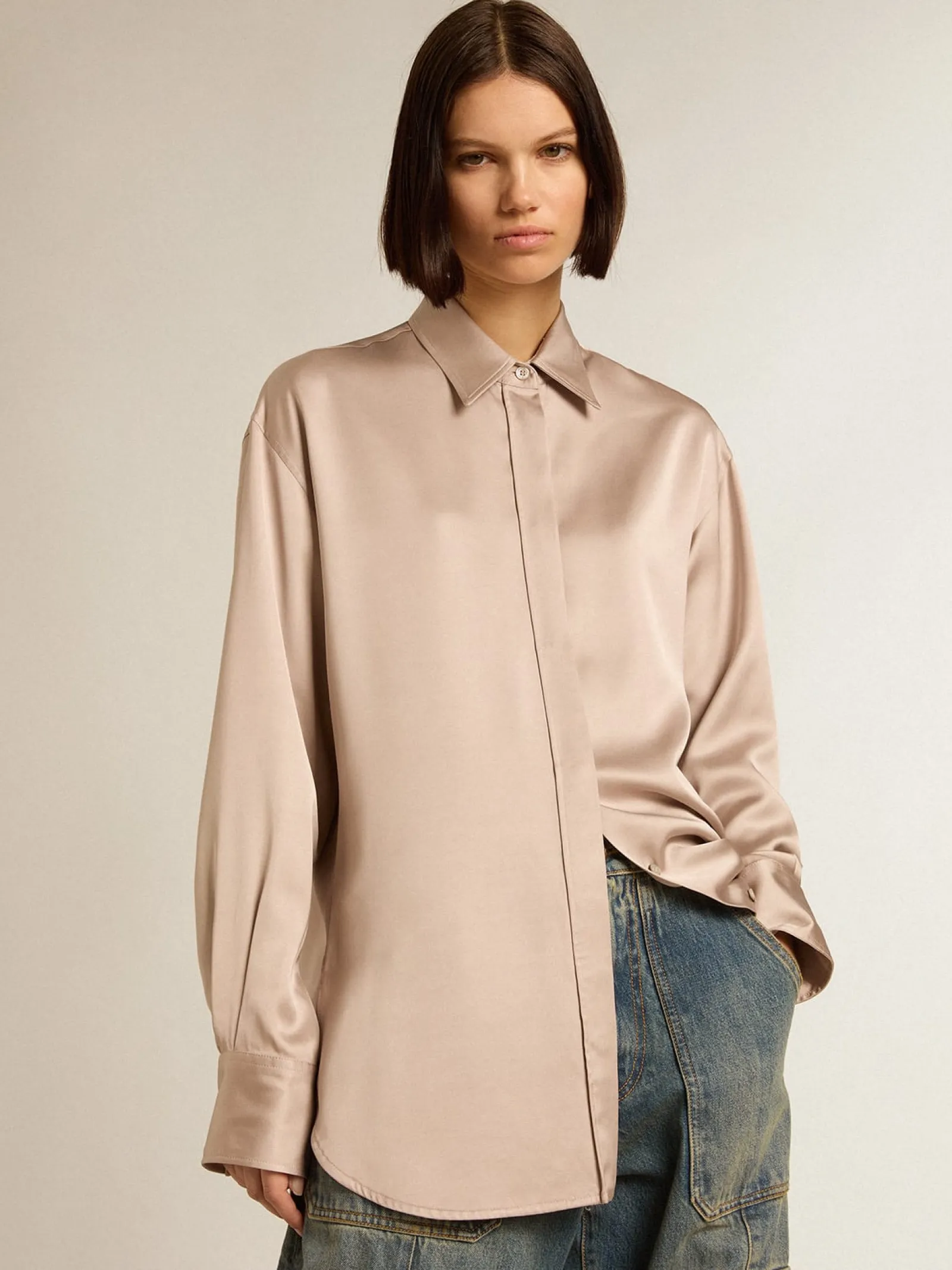 Outlet Golden Goose Camisa boyfriend de viscose rosa pó Coleção Journey